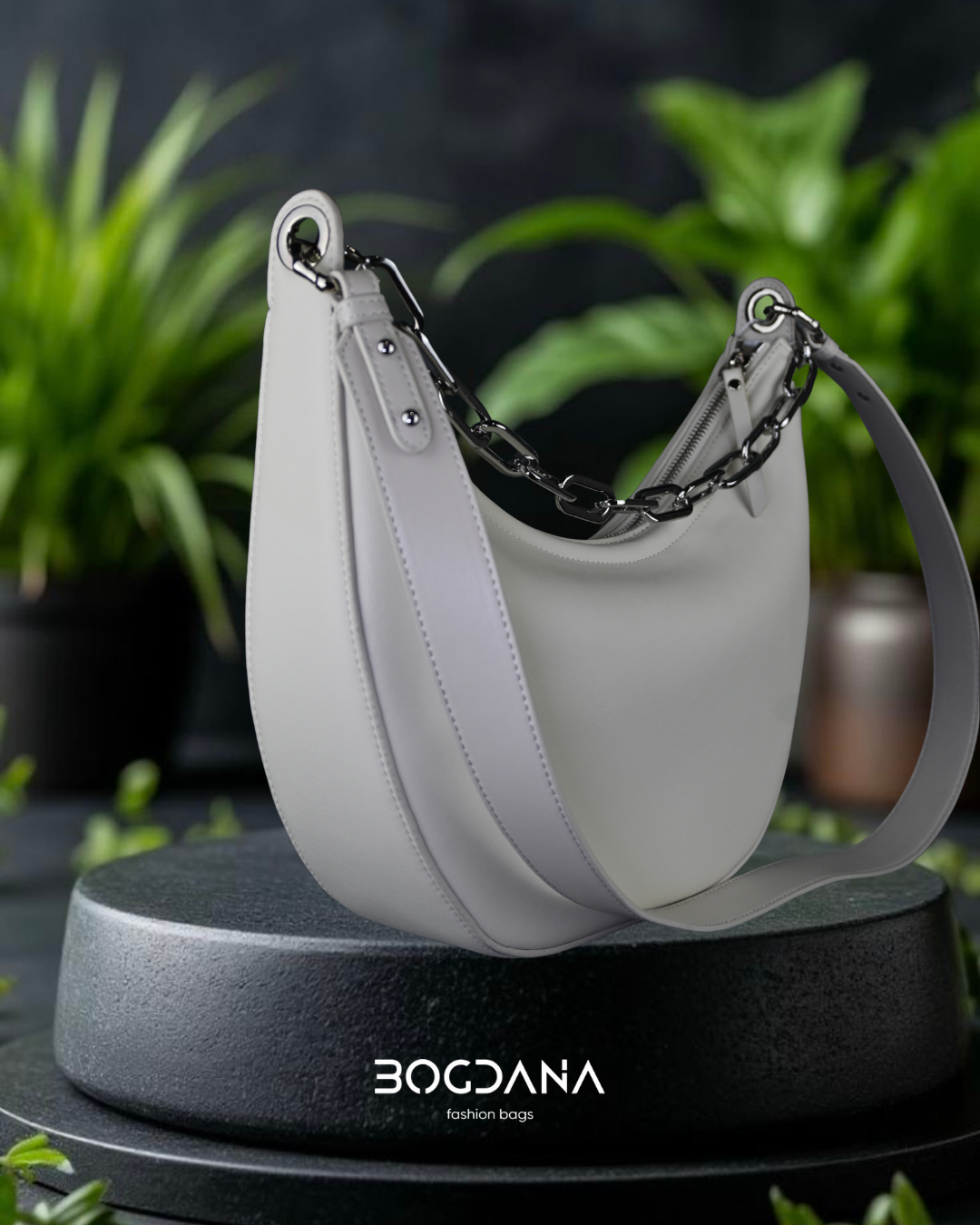 Sculpted Crescent Shoulder Bag – Genuine Leather Chain Hobo Purse for Women