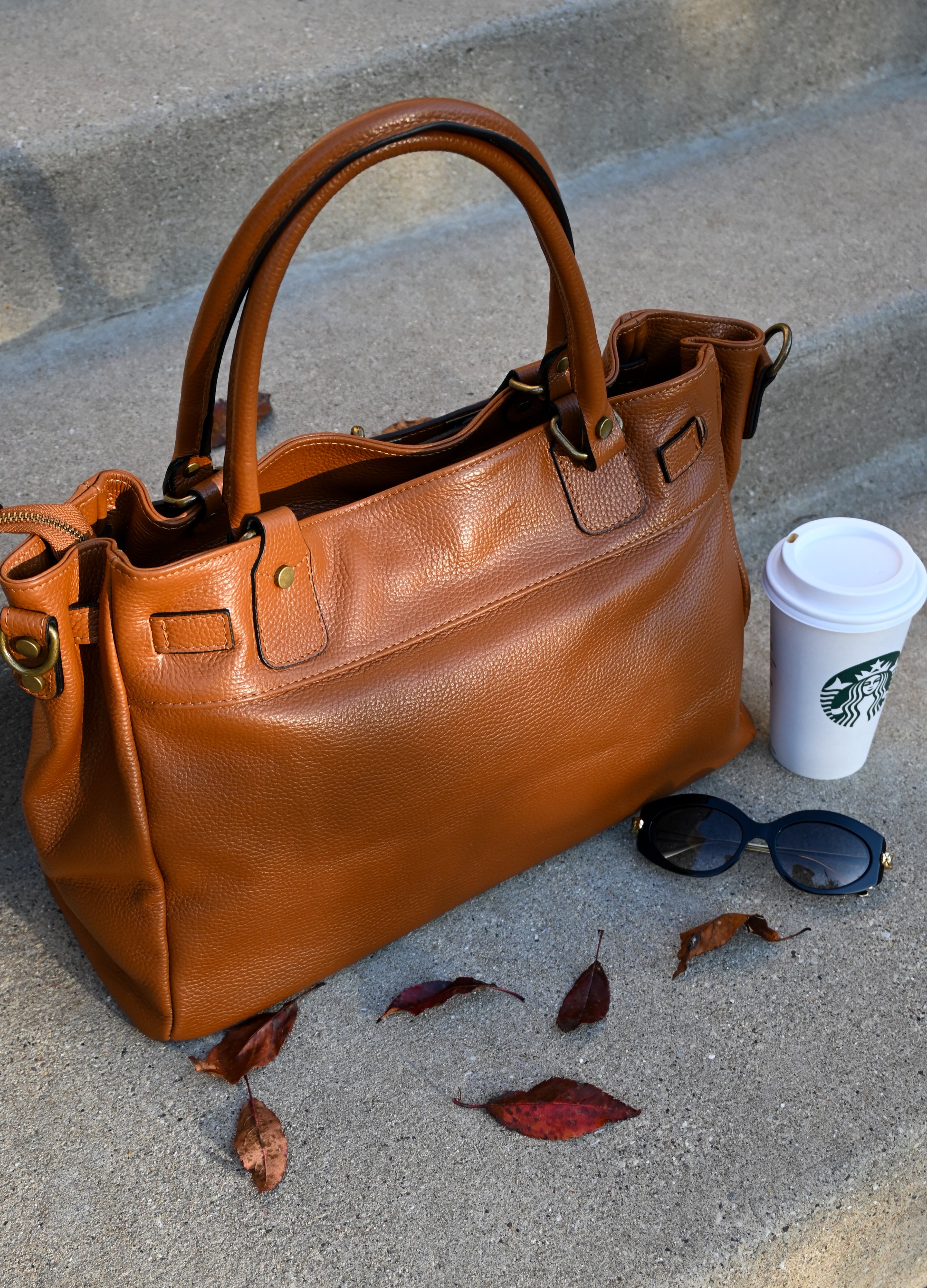 Leather Bag with Top Handle and Long Strap