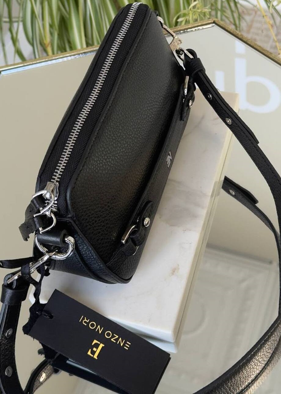 Small Black Bag with Silver Hardware and Long Strap