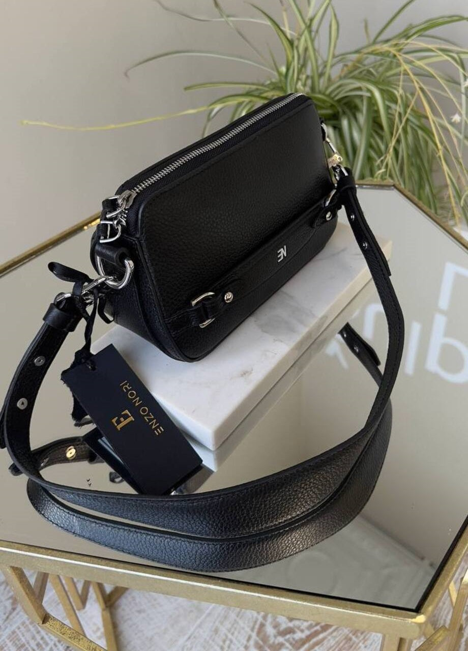 Small Black Bag with Silver Hardware and Long Strap