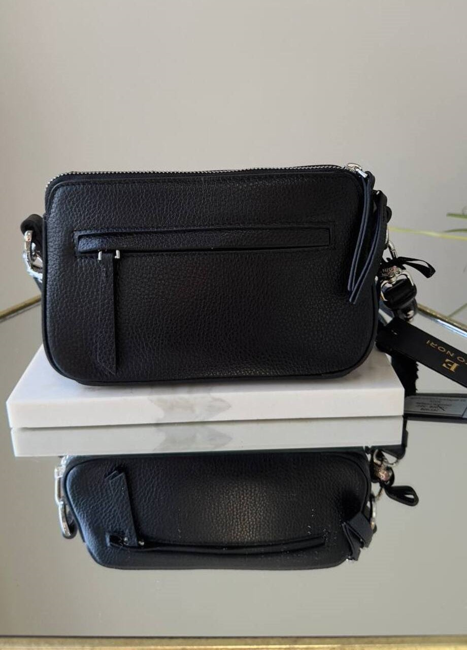 Small Black Bag with Silver Hardware and Long Strap