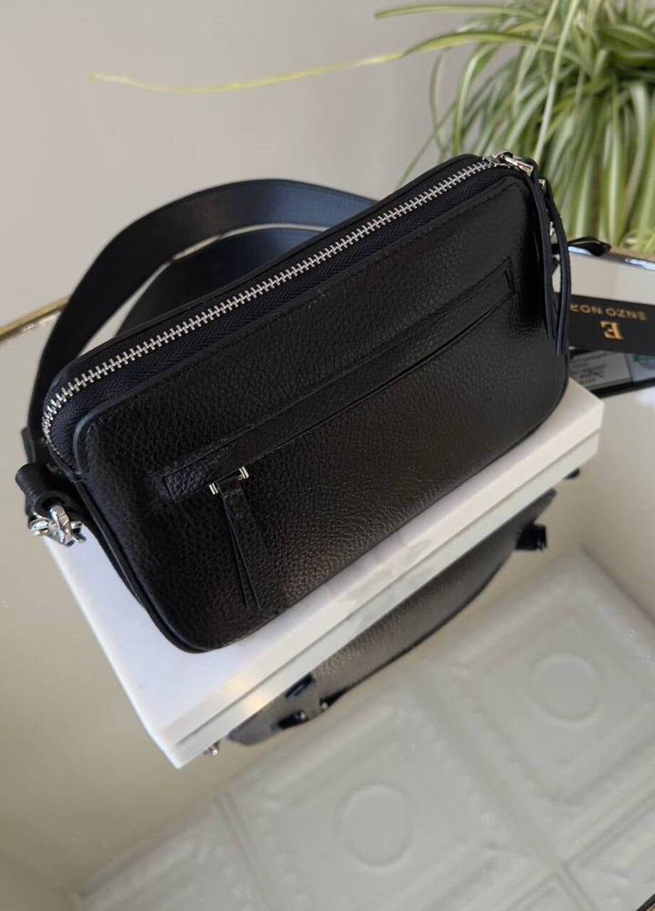 Small Black Bag with Silver Hardware and Long Strap