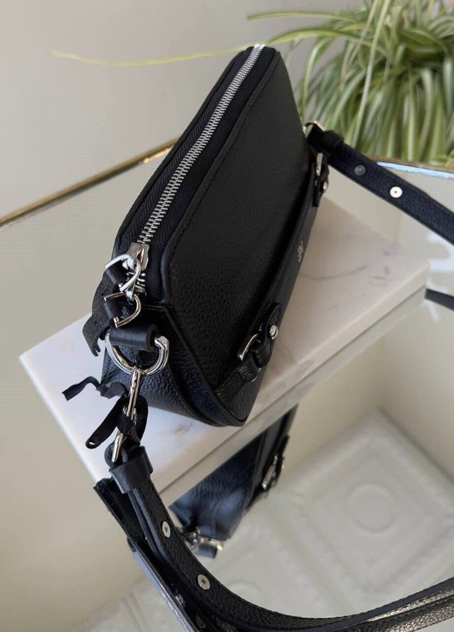 Small Black Bag with Silver Hardware and Long Strap