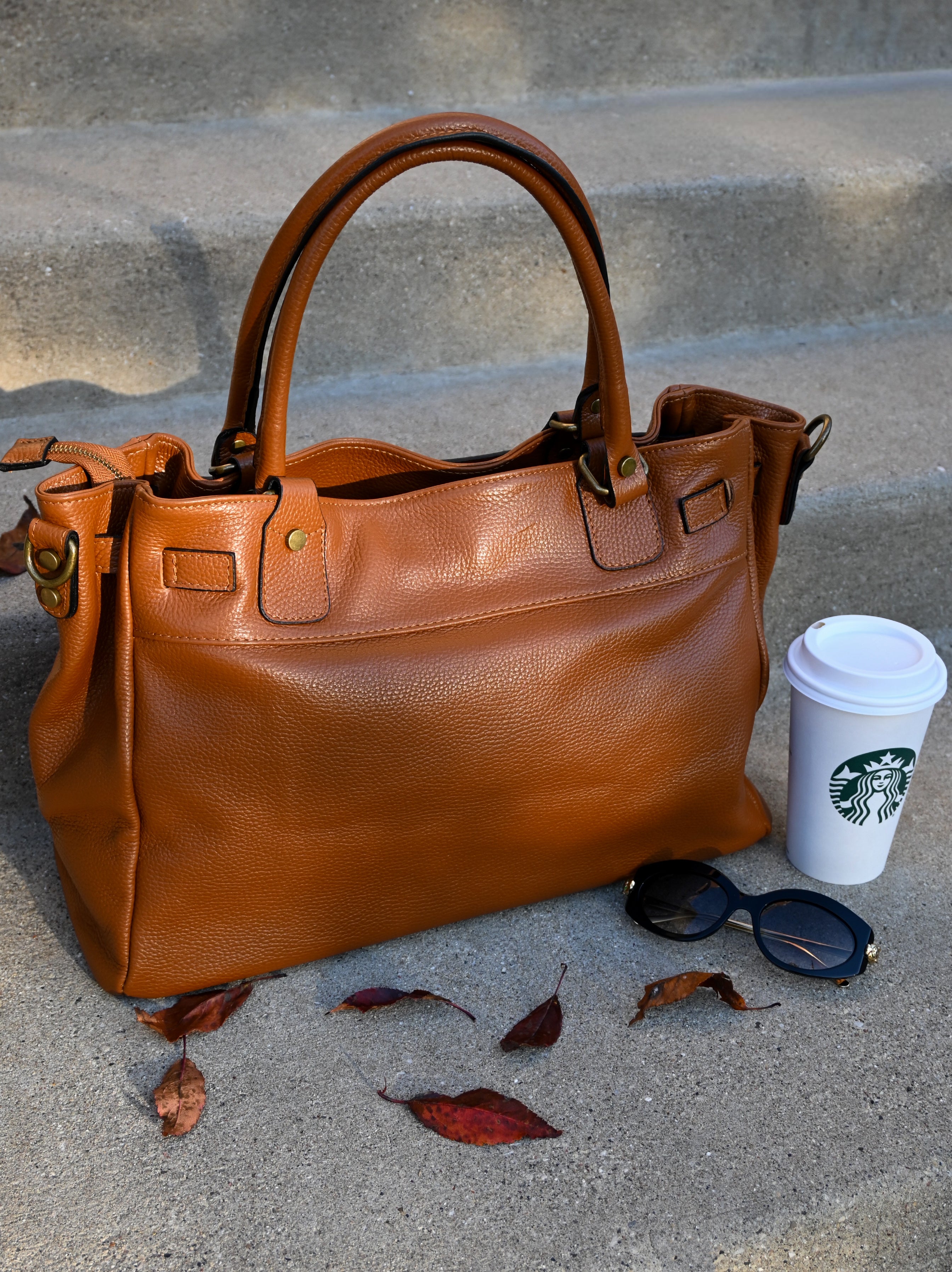 Leather Bag with Top Handle and Long Strap