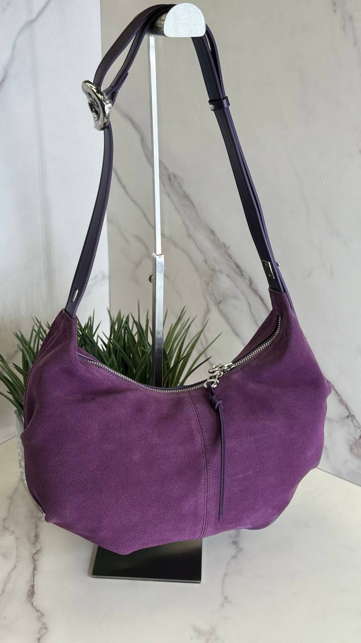 Suede Charm - Purple Suede Bag with Adjustable Strap and Zipper Closure