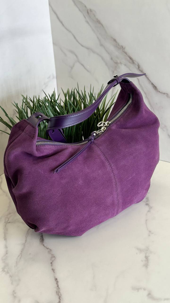 Suede Charm - Purple Suede Bag with Adjustable Strap and Zipper Closure