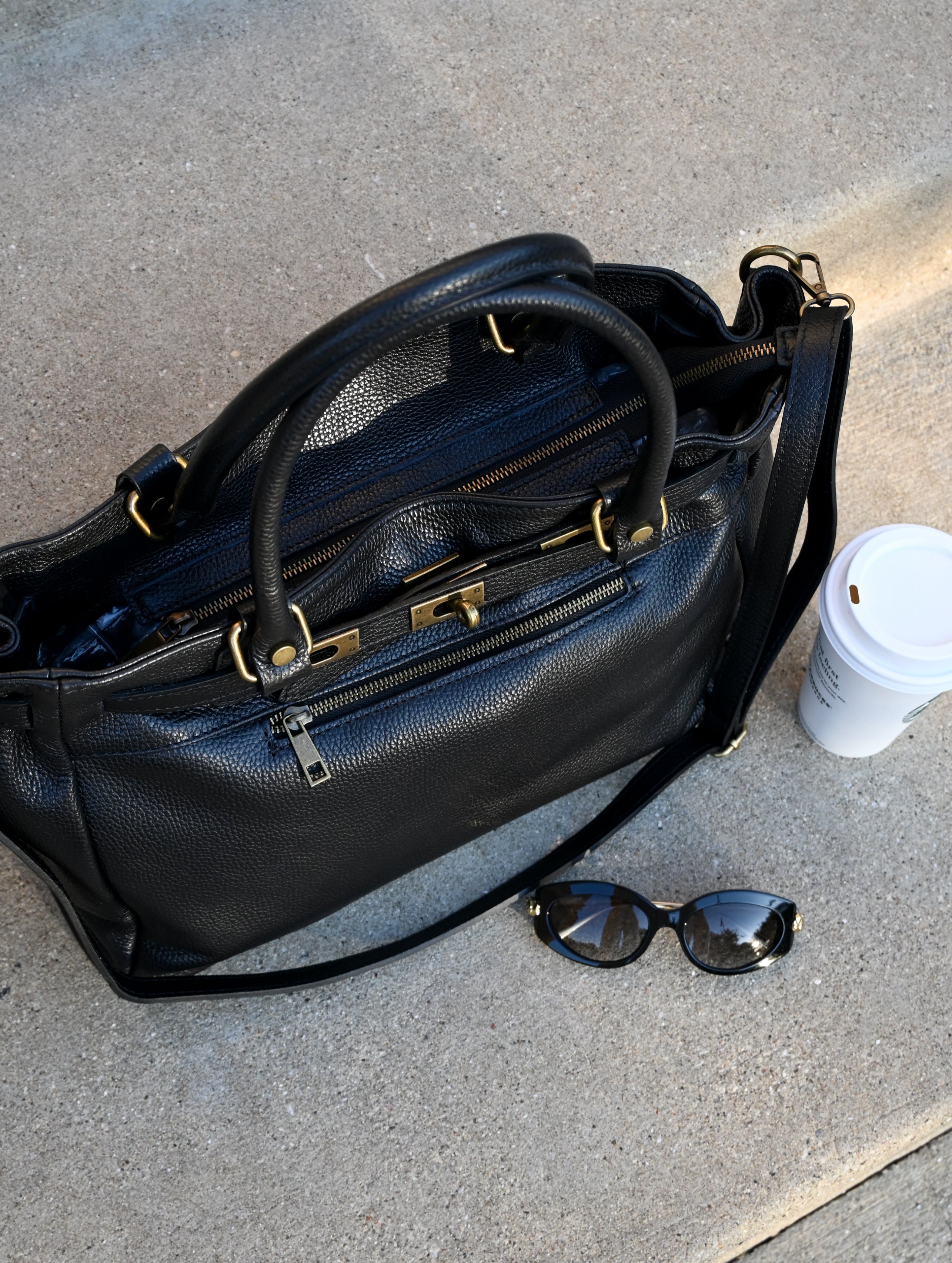 Leather Bag with Top Handle and Long Strap