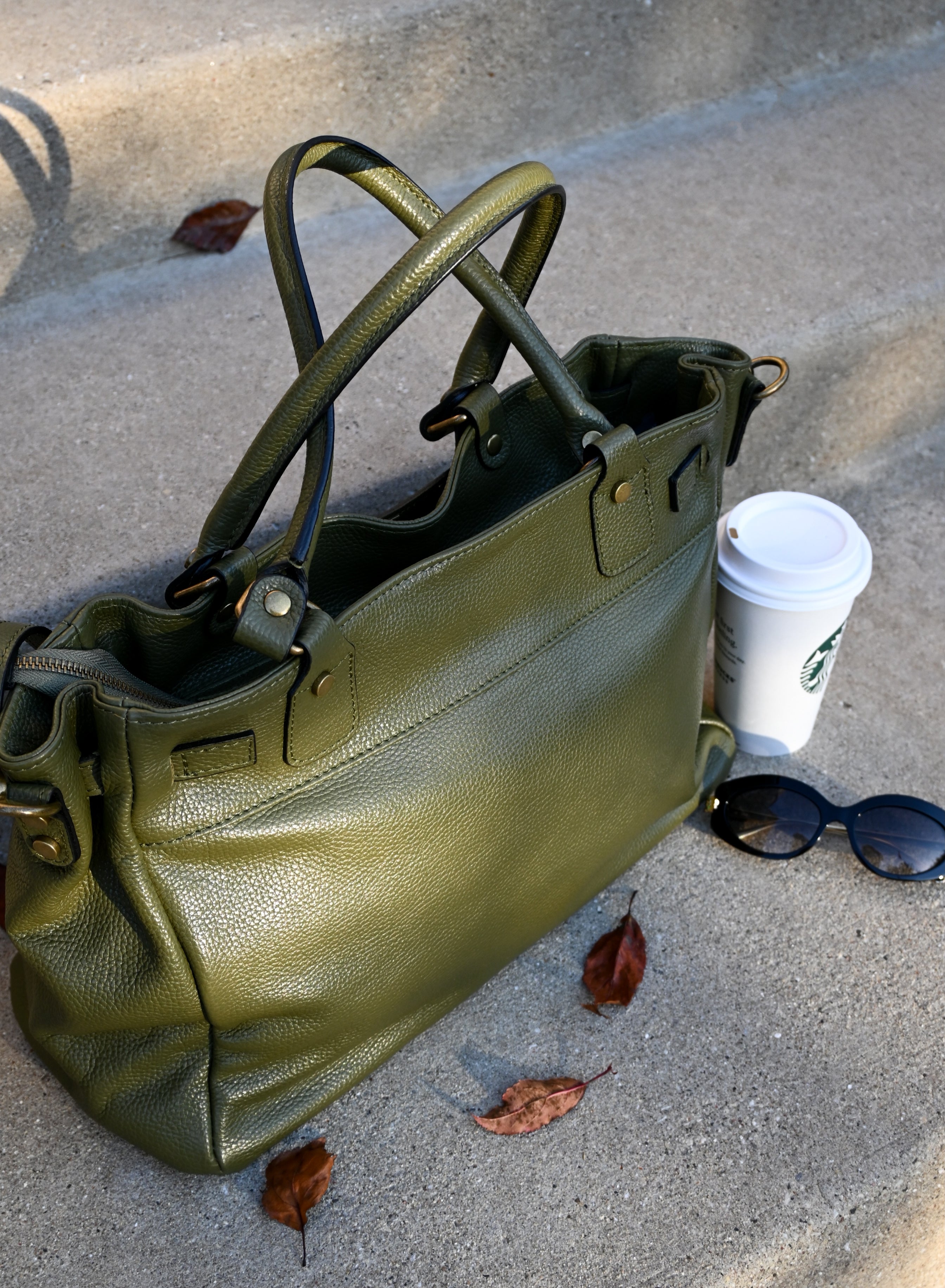 Leather Bag with Top Handle and Long Strap