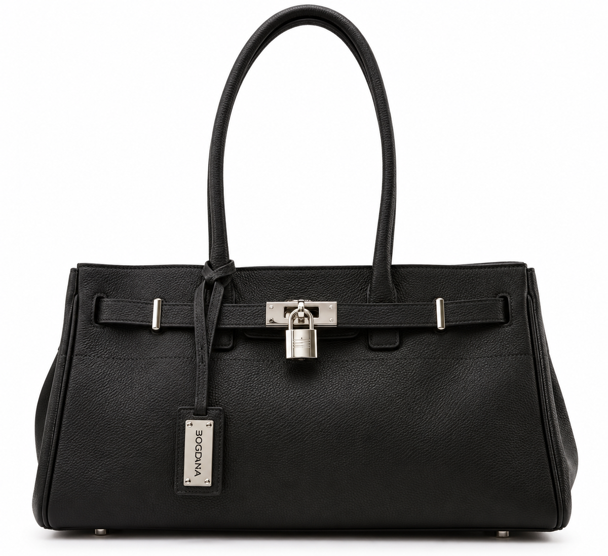 Bogdana Elegance Women's Genuine Leather Shoulder Bag - Black, 40x17x22 cm, Silver-Tone Hardware, 2 Interior Pockets, Hand or Shoulder Carry