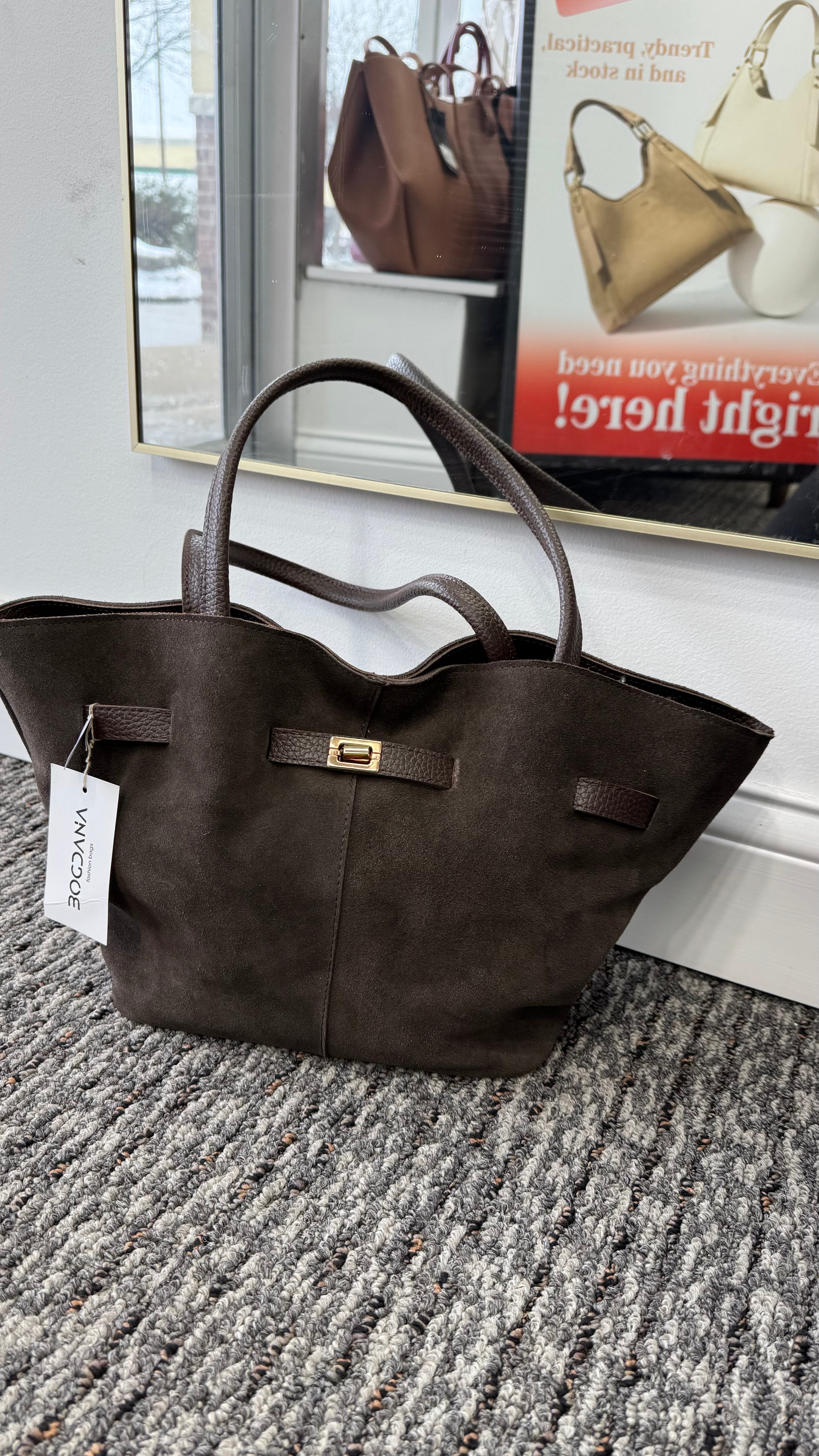 Stylish Suede Bag with Two Straps and Quality Hardware