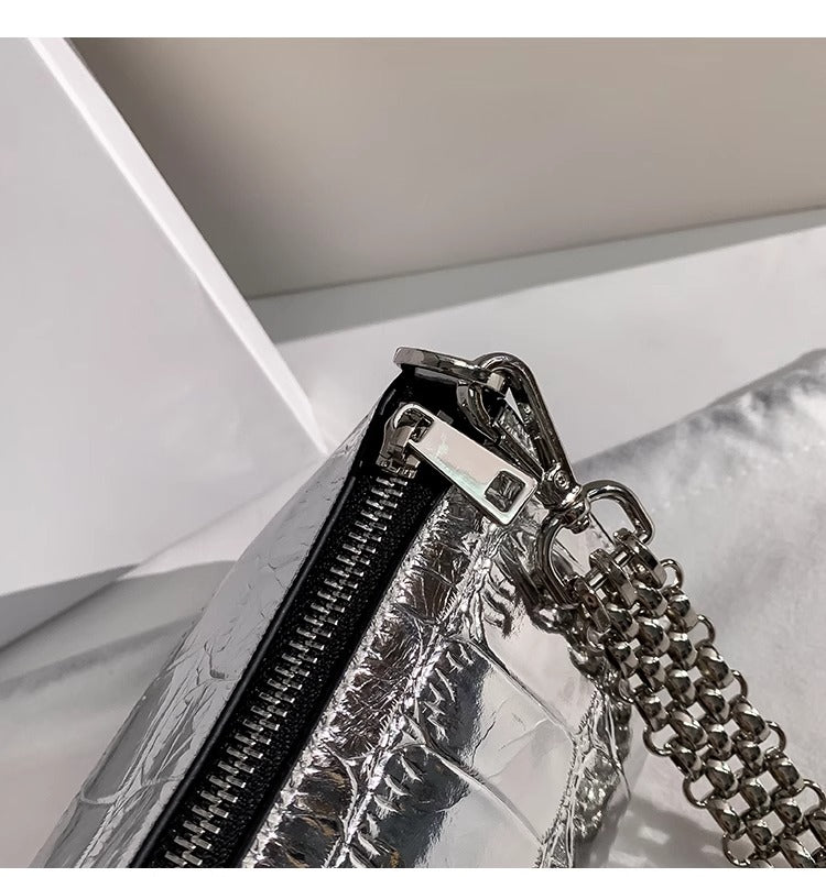 Metallic Croc PU Leather Shoulder Bag with Double Adjustable Straps | Silver Mini Party Crossbody