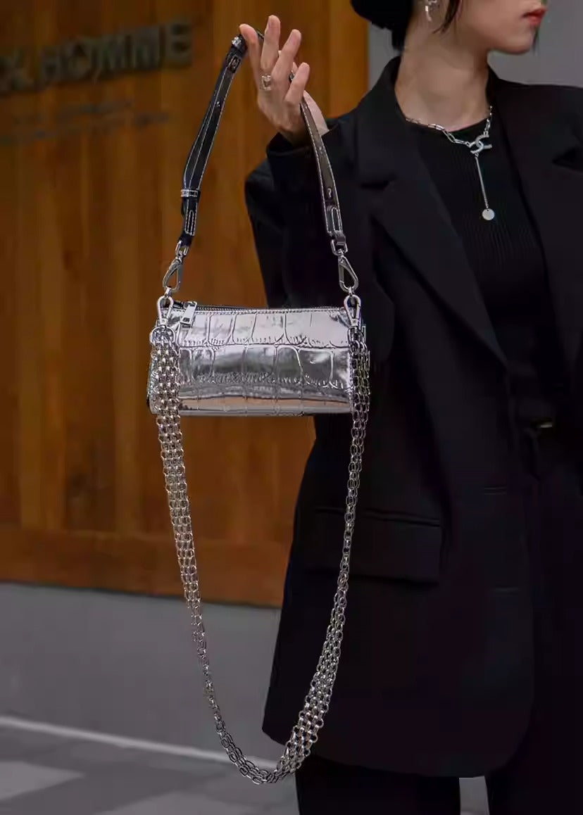 Metallic Croc PU Leather Shoulder Bag with Double Adjustable Straps | Silver Mini Party Crossbody