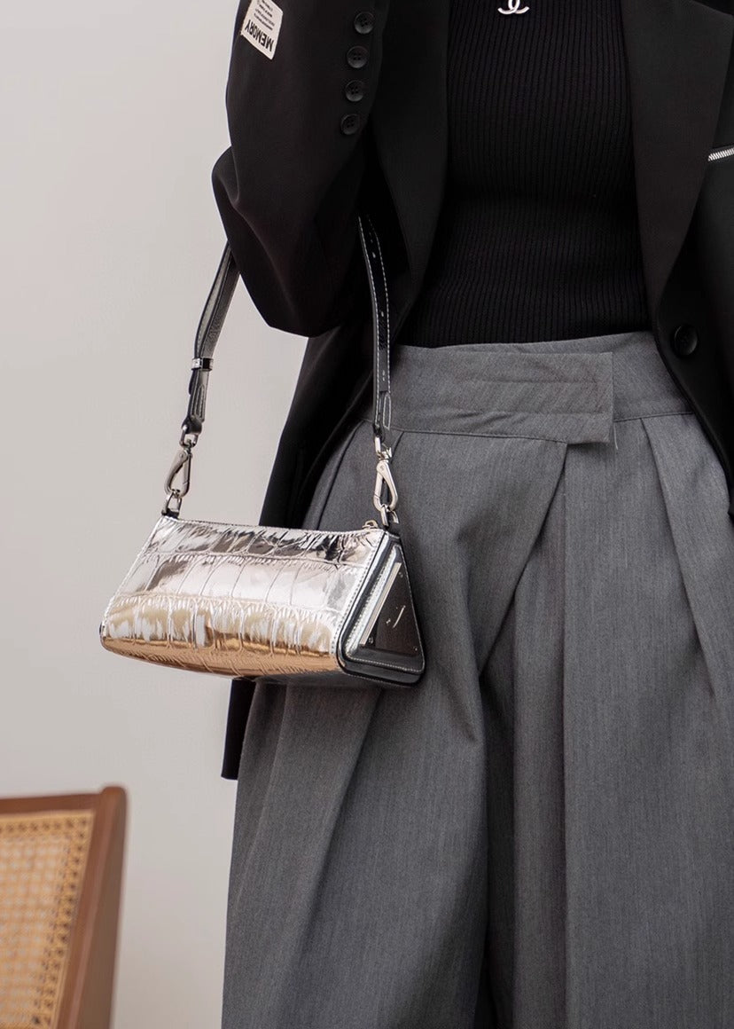 Metallic Croc PU Leather Shoulder Bag with Double Adjustable Straps | Silver Mini Party Crossbody