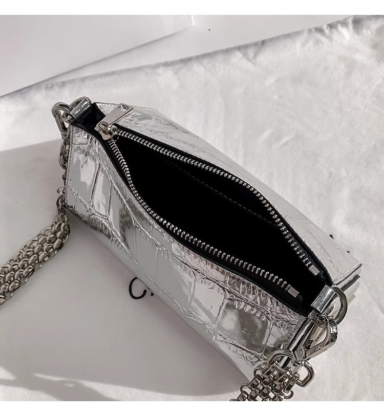 Metallic Croc PU Leather Shoulder Bag with Double Adjustable Straps | Silver Mini Party Crossbody