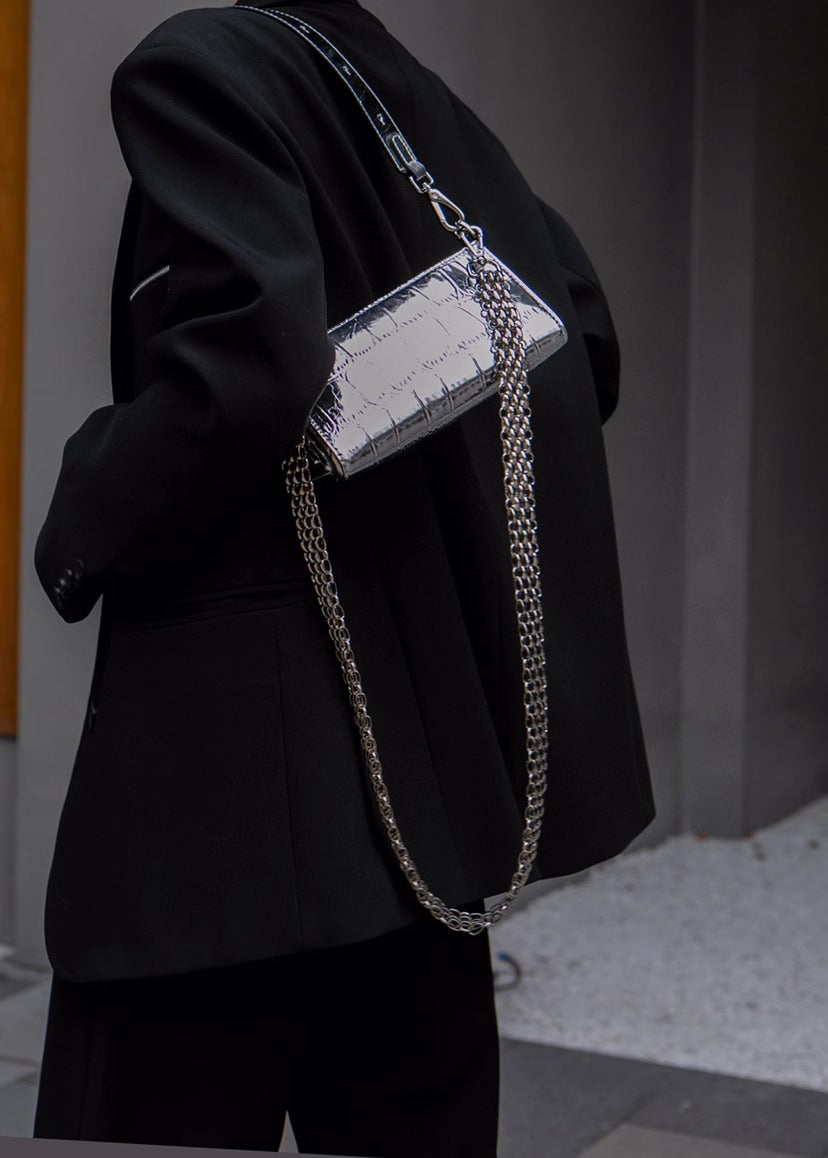 Metallic Croc PU Leather Shoulder Bag with Double Adjustable Straps | Silver Mini Party Crossbody