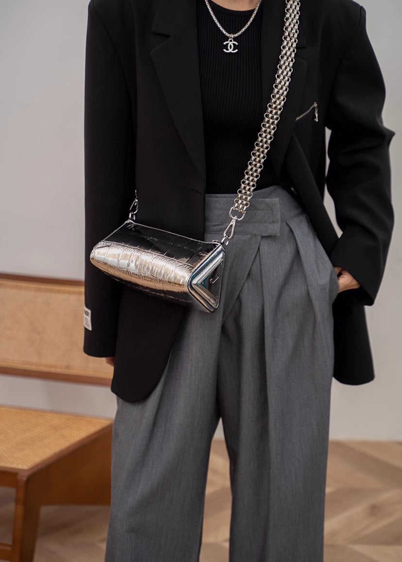 Metallic Croc PU Leather Shoulder Bag with Double Adjustable Straps | Silver Mini Party Crossbody