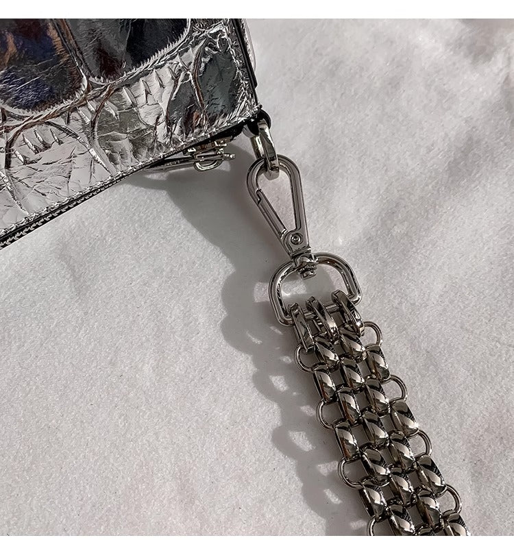 Metallic Croc PU Leather Shoulder Bag with Double Adjustable Straps | Silver Mini Party Crossbody