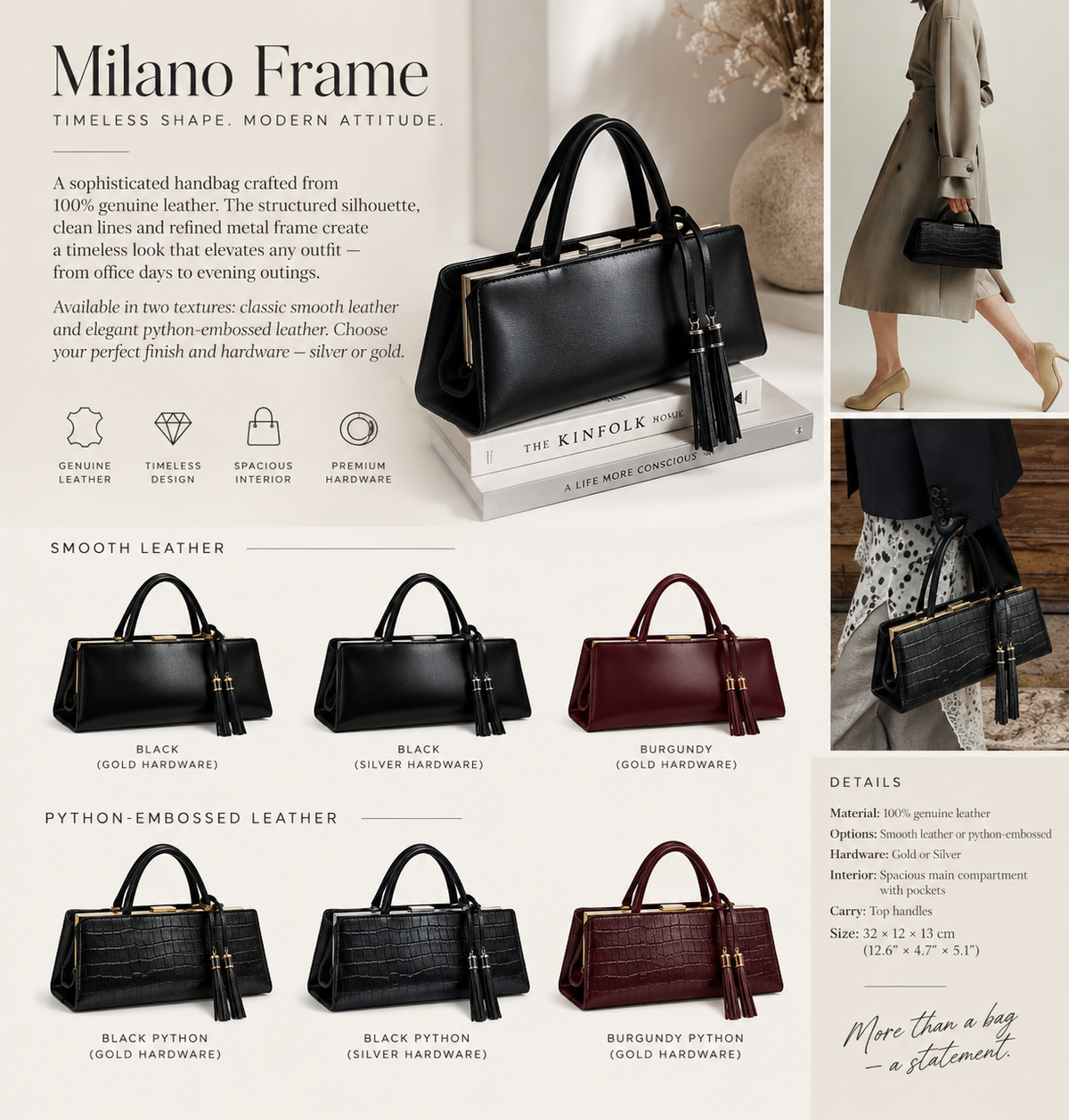 Milano Frame — Genuine Leather Structured Handbag