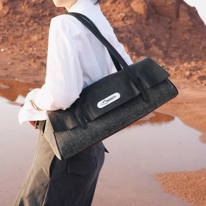 Structured Shoulder Bag – Genuine Leather & Fabric Tote for Everyday Style