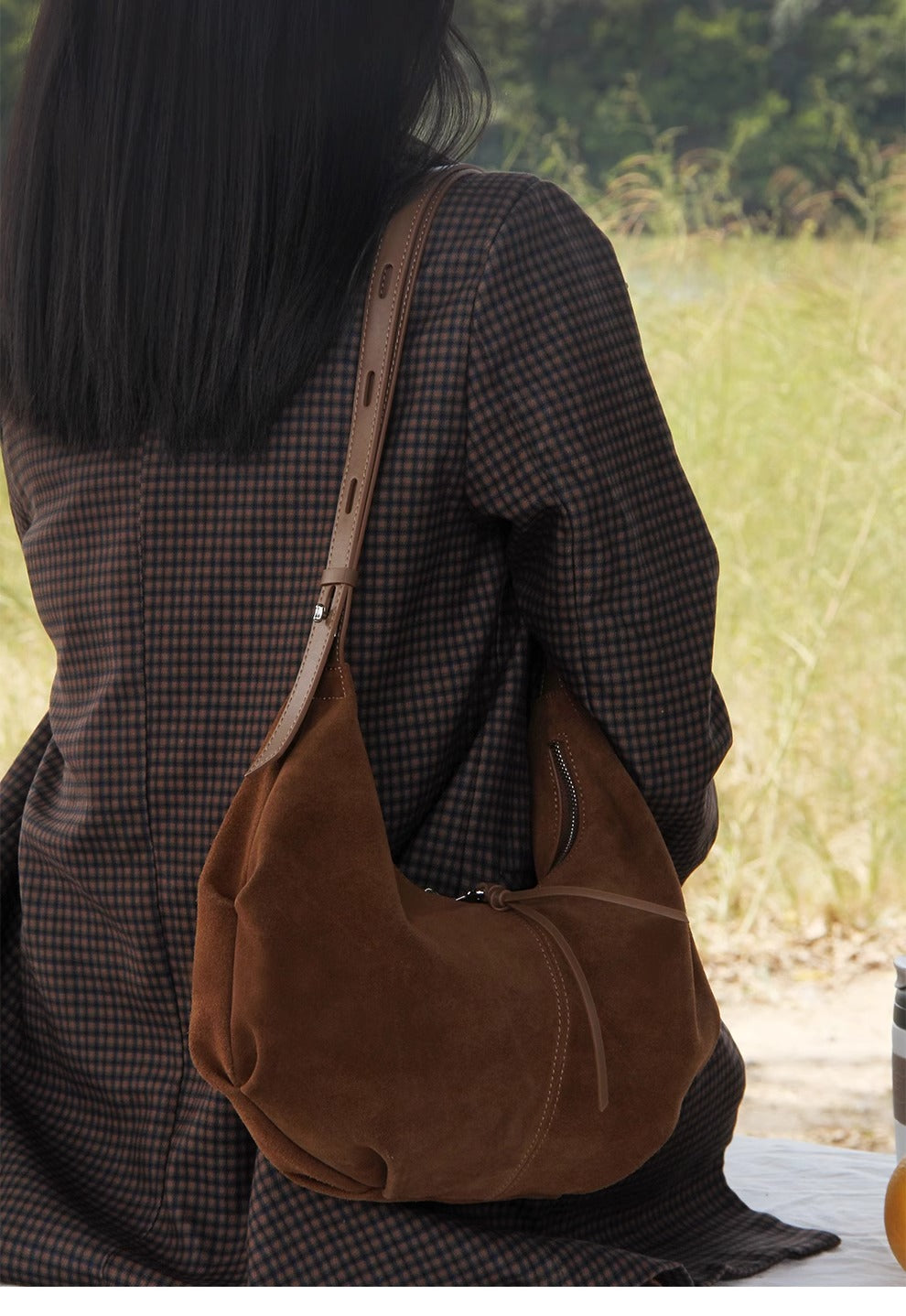Suede Charm - Purple Suede Bag with Adjustable Strap and Zipper Closure