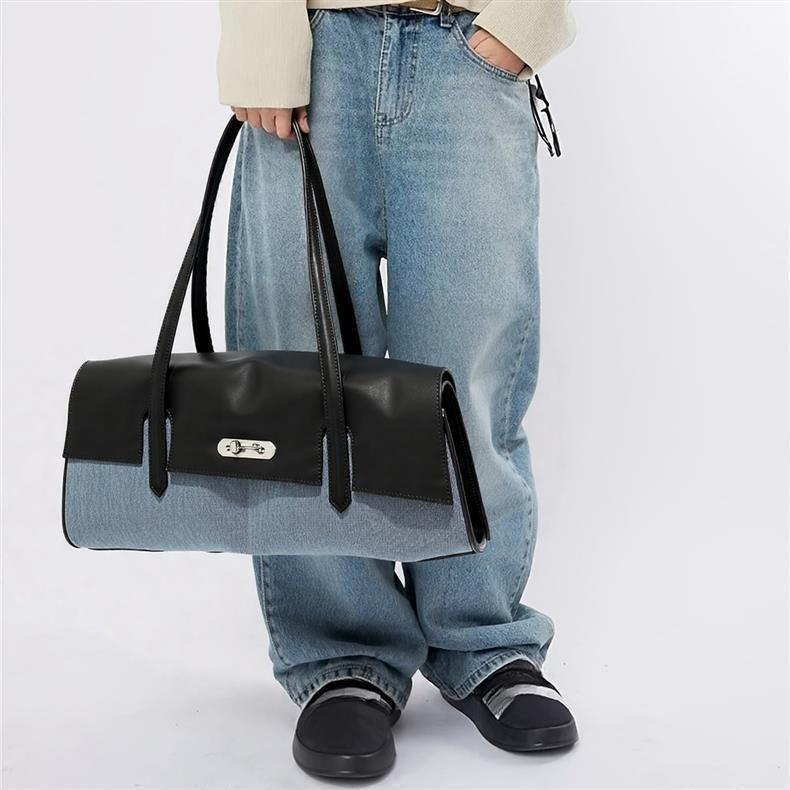 Structured Shoulder Bag – Genuine Leather & Fabric Tote for Everyday Style