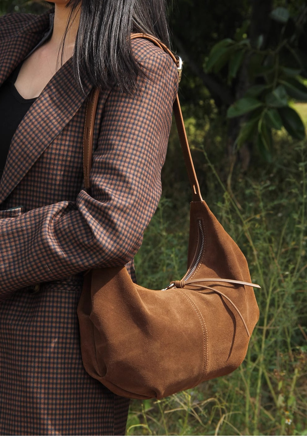 Suede Charm - Purple Suede Bag with Adjustable Strap and Zipper Closure