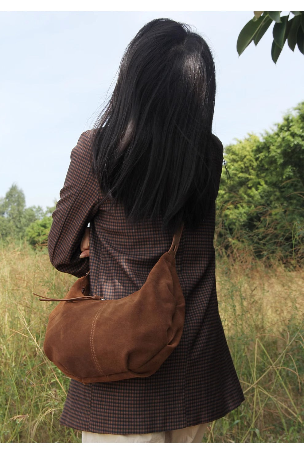 Suede Charm - Purple Suede Bag with Adjustable Strap and Zipper Closure
