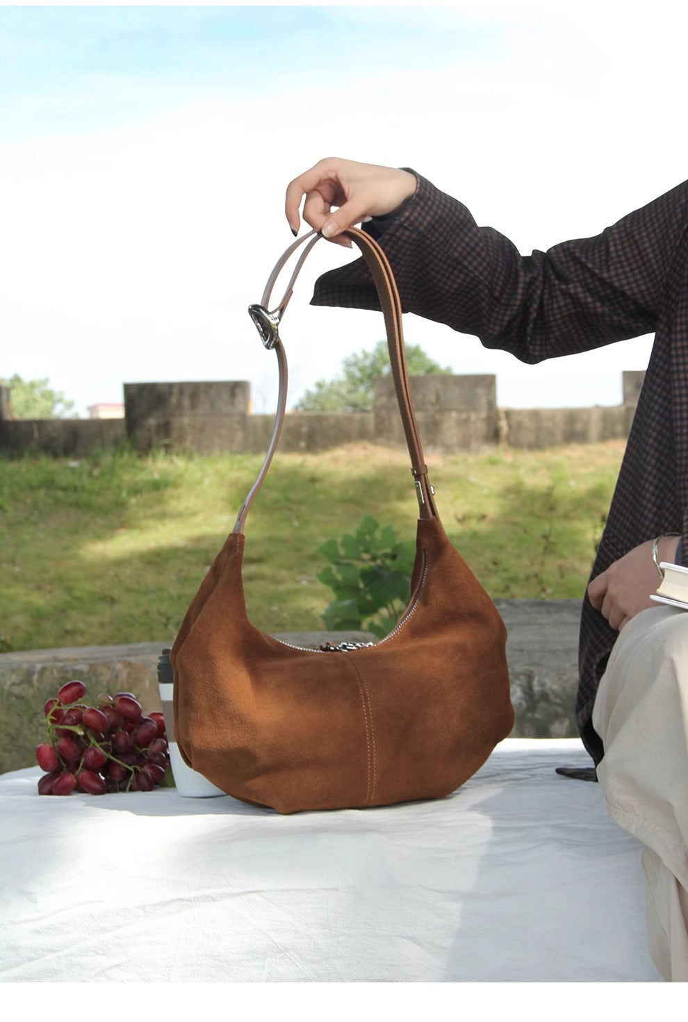 Suede Charm - Purple Suede Bag with Adjustable Strap and Zipper Closure