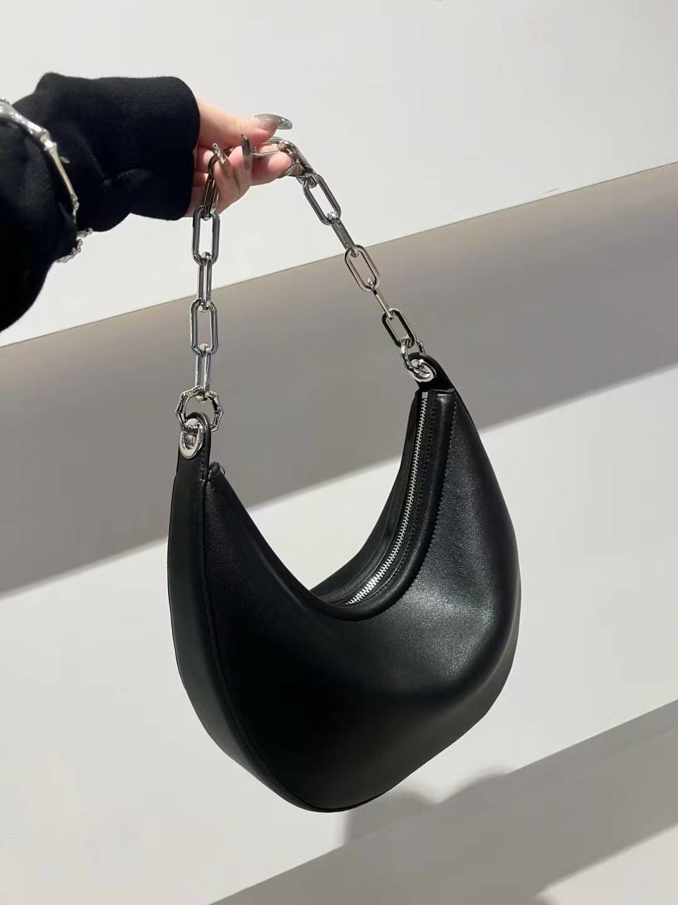 Sculpted Crescent Shoulder Bag – Genuine Leather Chain Hobo Purse for Women