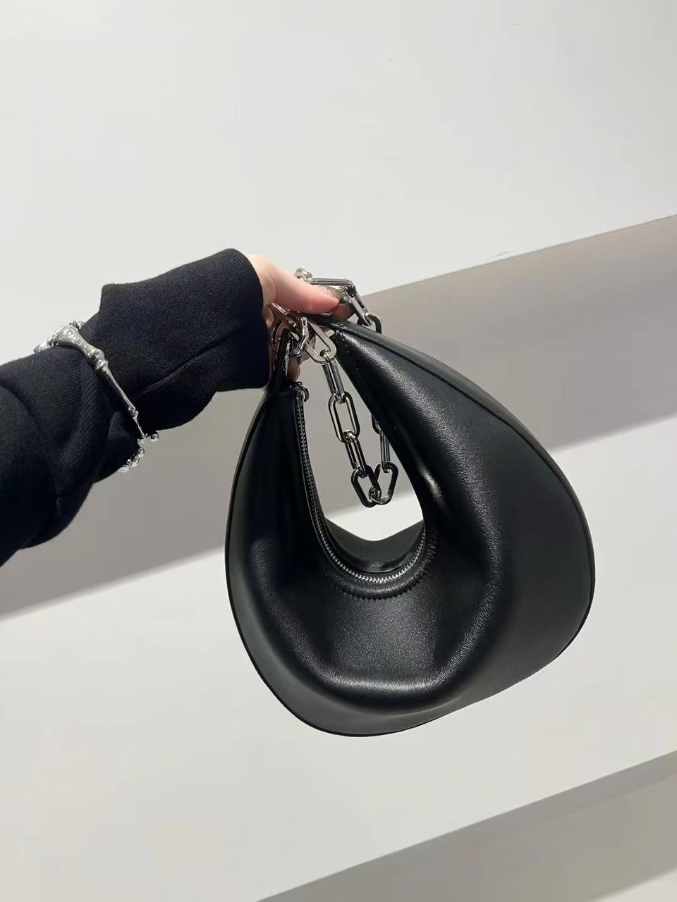 Sculpted Crescent Shoulder Bag – Genuine Leather Chain Hobo Purse for Women