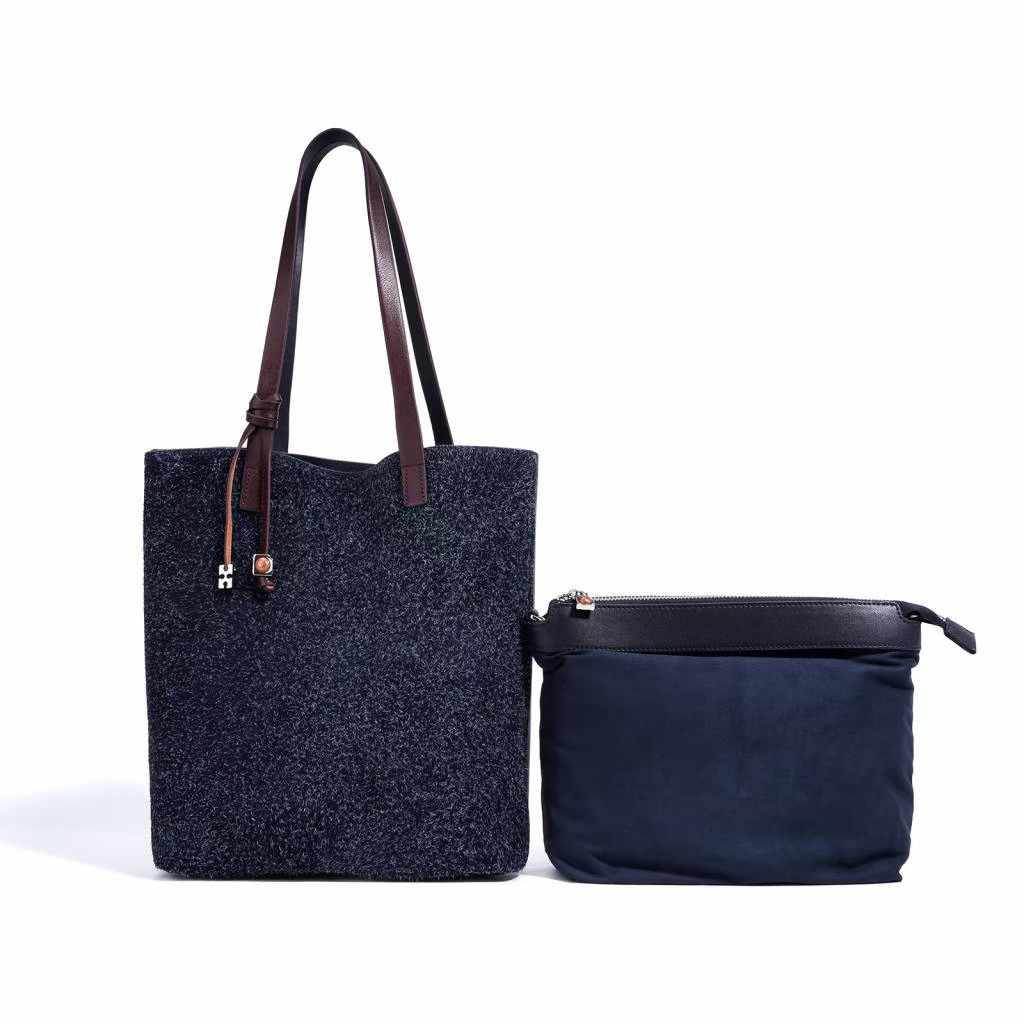 Timeless Elegance – Tote Bag with Genuine Leather Details and Cosmetic Pouch