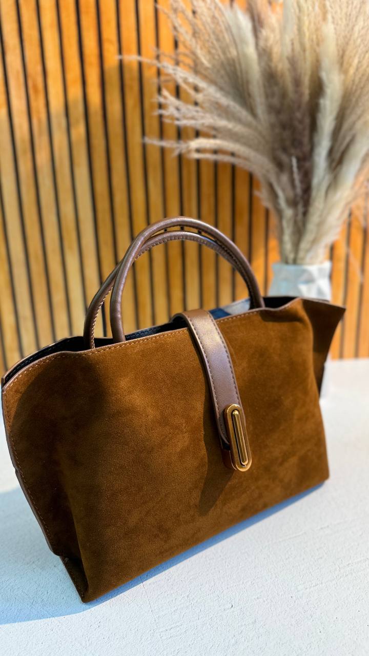 Elegant Suede Handbag with Faux Leather Accents and Detachable Strap