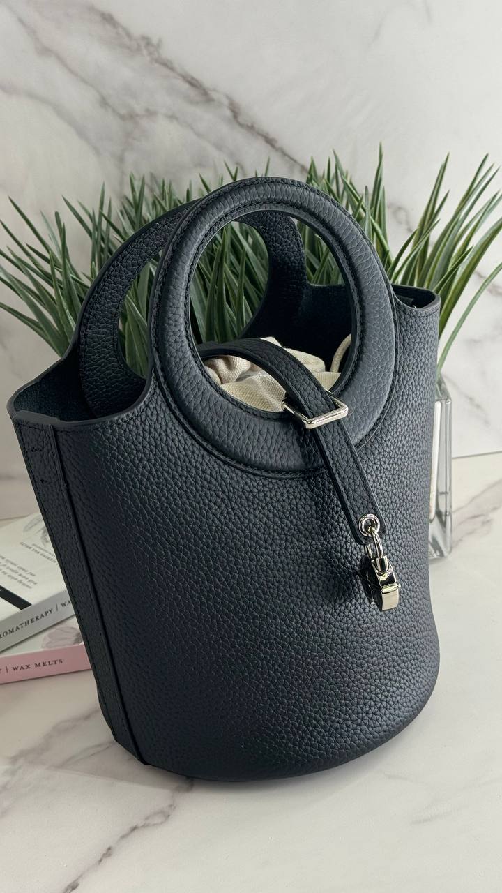 Elegant Duo – Genuine Grained Leather Bag with Cosmetic Pouch and Long Strap
