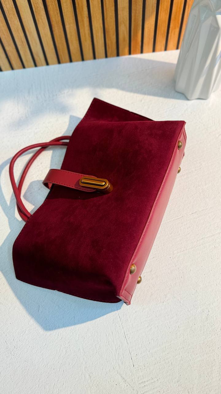 Elegant Suede Handbag with Faux Leather Accents and Detachable Strap
