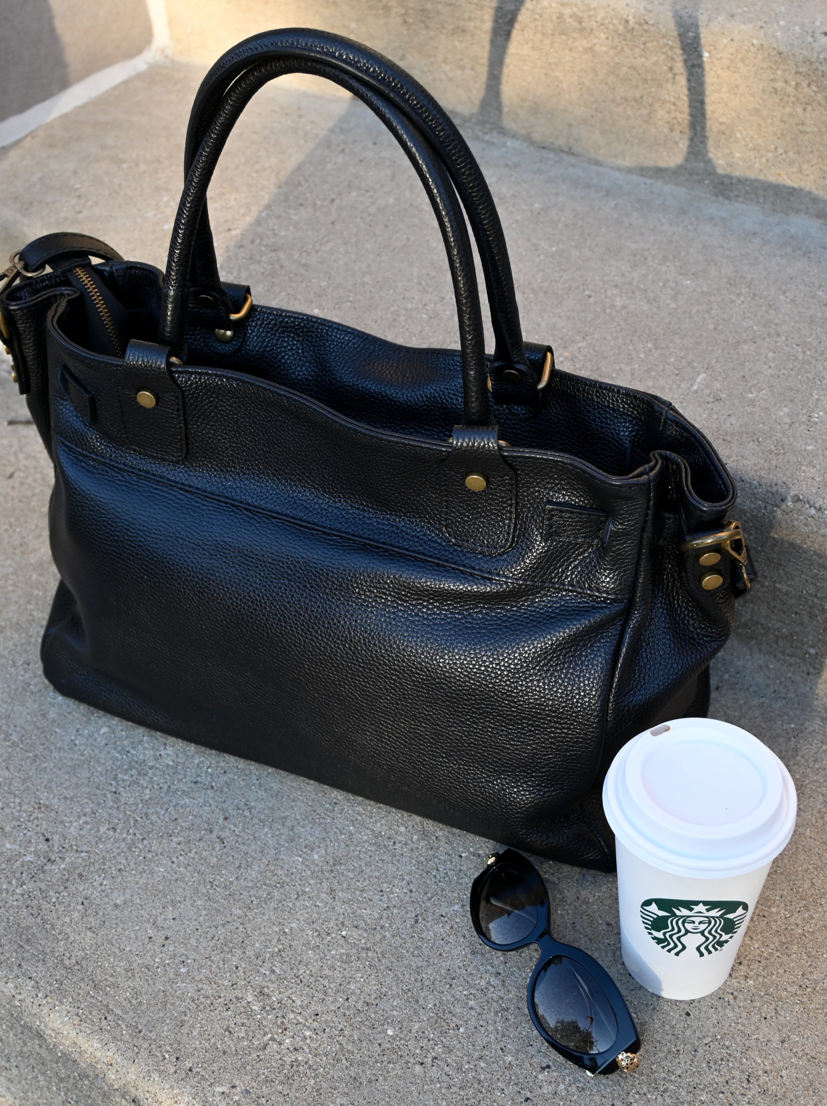 Leather Bag with Top Handle and Long Strap
