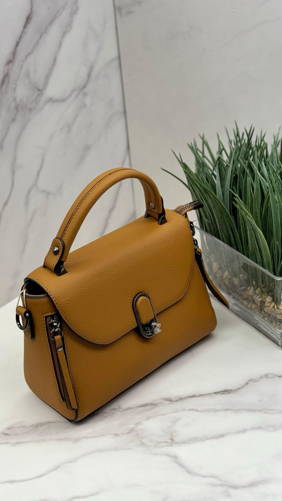 Women’s Genuine Leather Crossbody Bag with Top Handle — Siena Caramello
