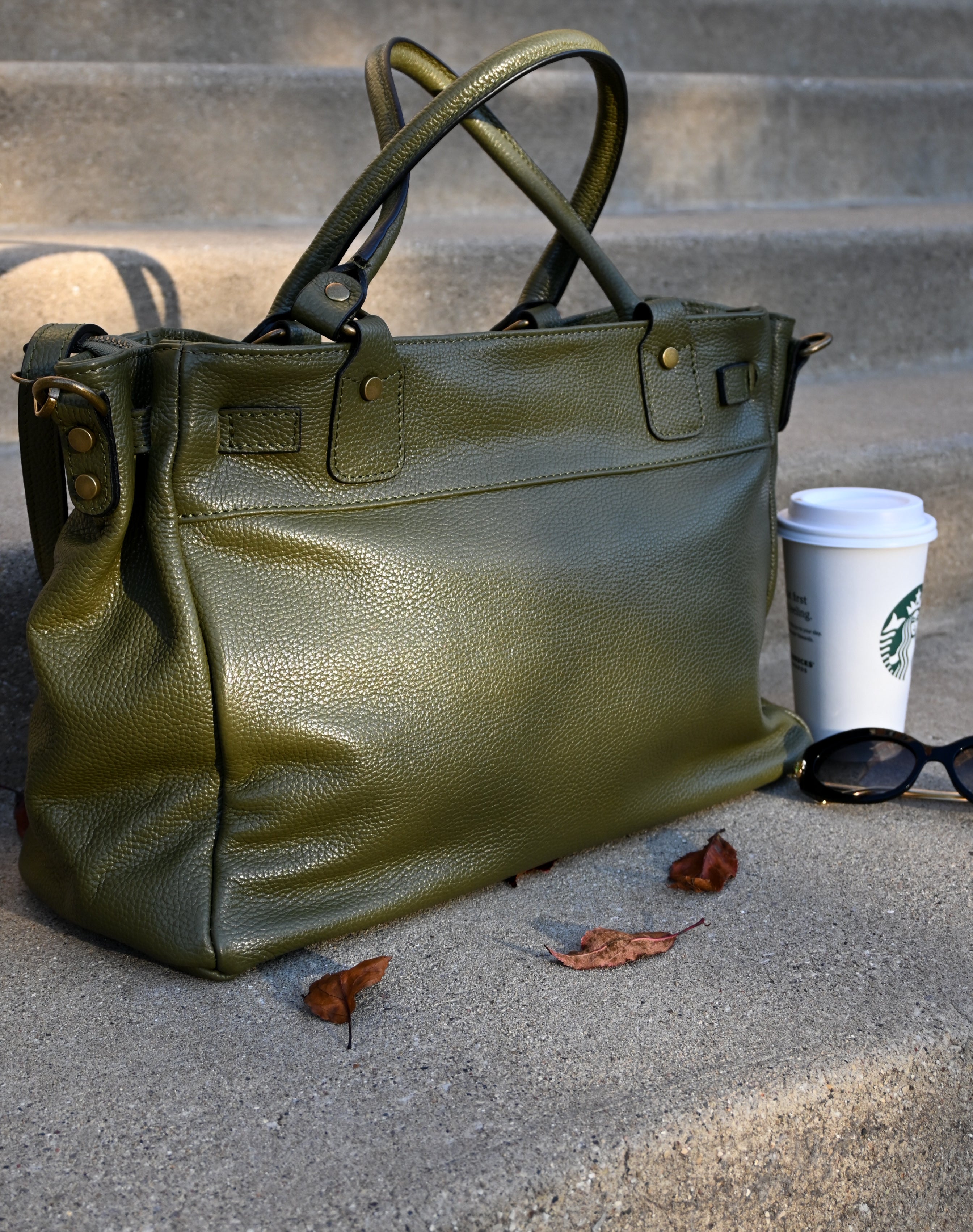Leather Bag with Top Handle and Long Strap