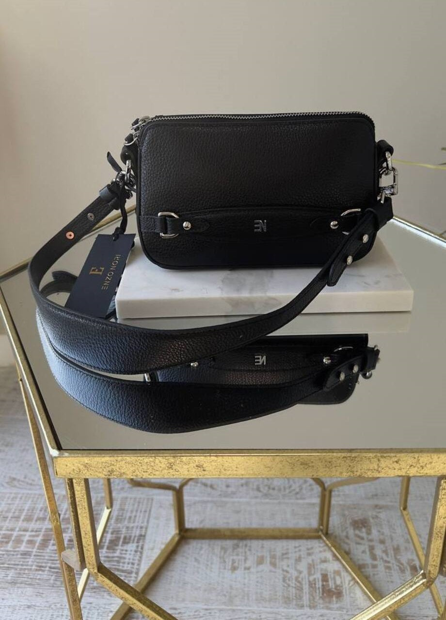 Small Black Bag with Silver Hardware and Long Strap