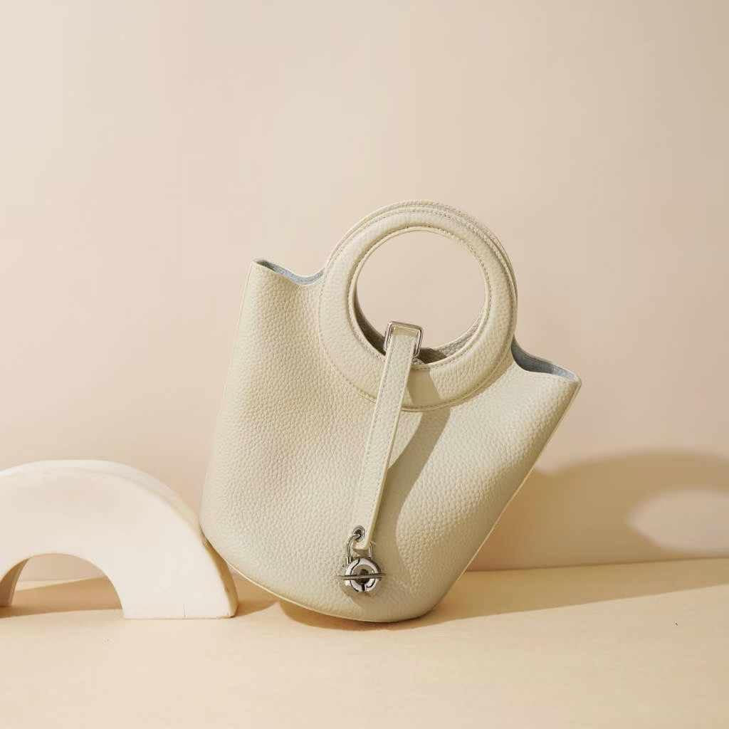 Elegant Duo – Genuine Grained Leather Bag with Cosmetic Pouch and Long Strap