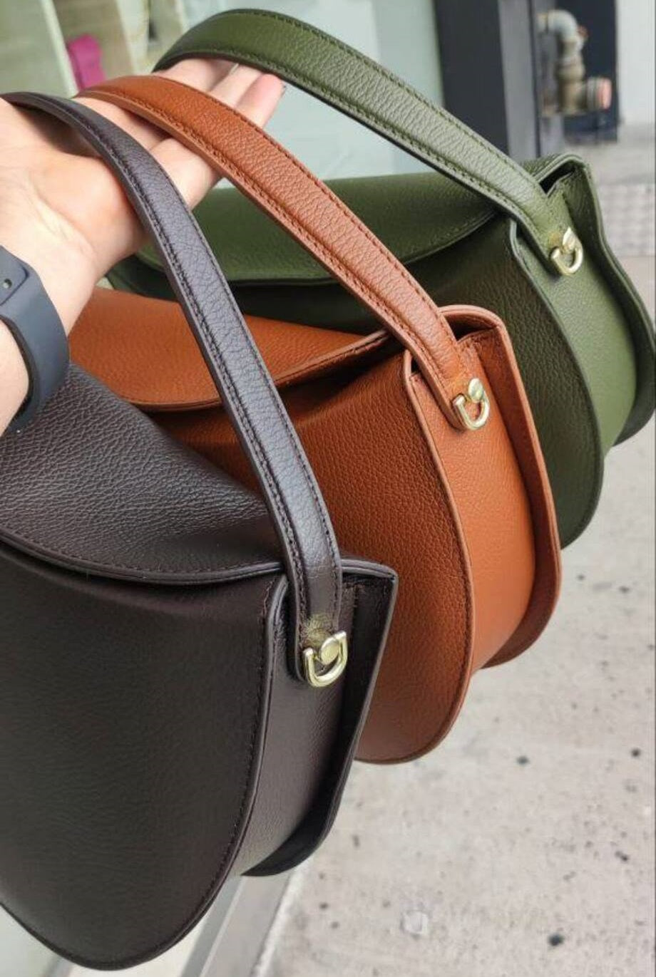 Small Italian Leather Bag with Two Straps and Hidden Magnet