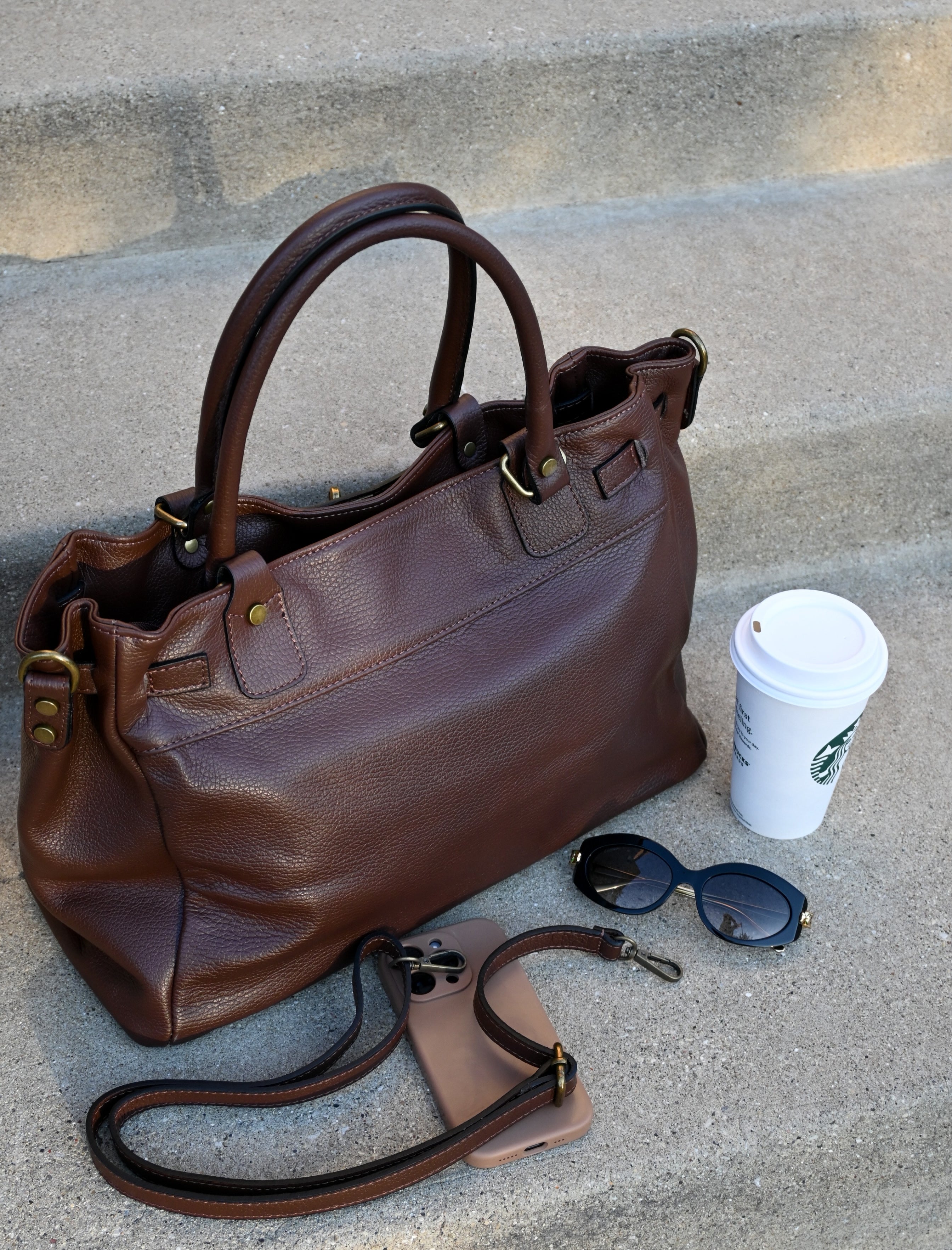 Leather Bag with Top Handle and Long Strap
