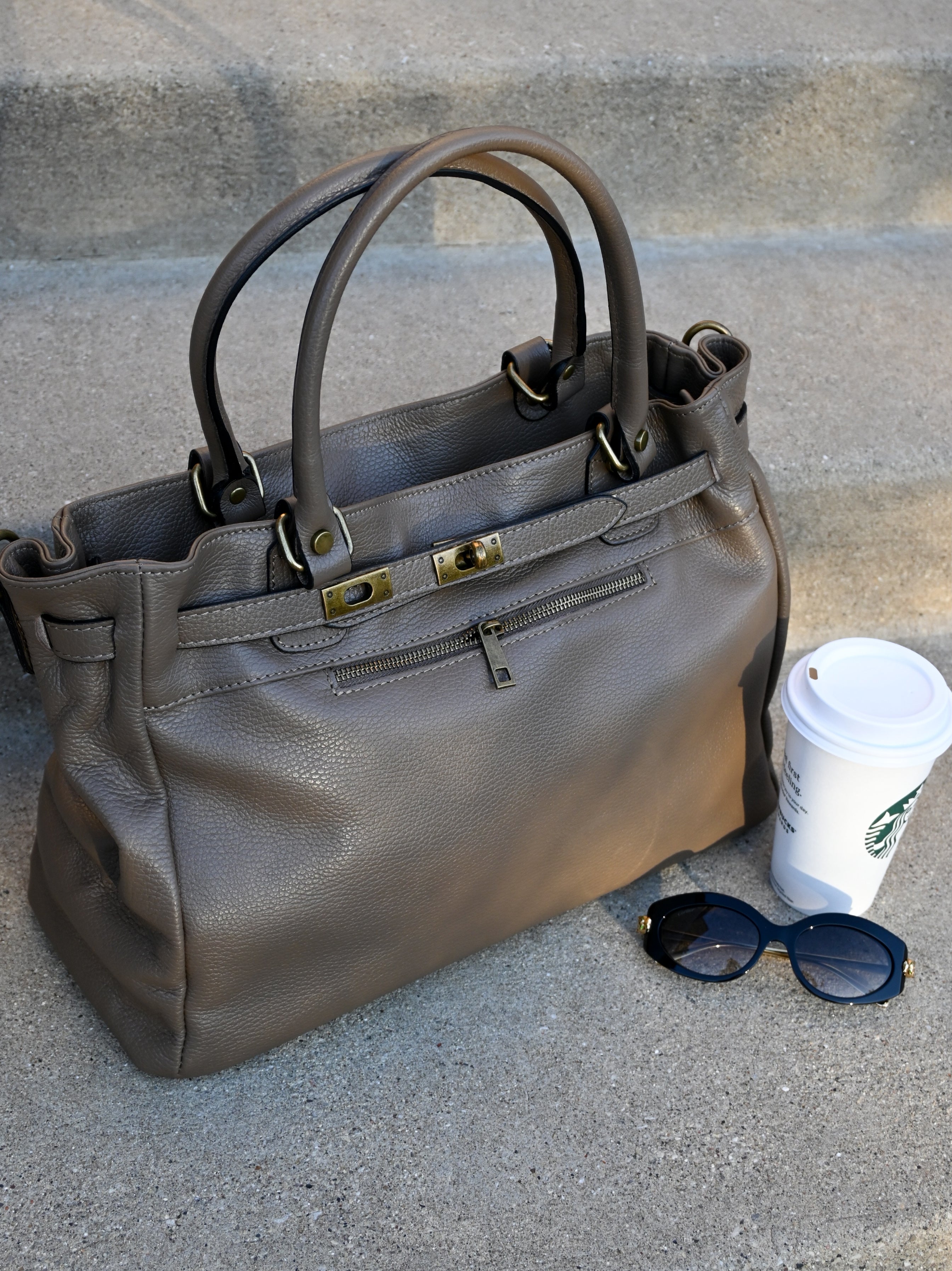 Leather Bag with Top Handle and Long Strap