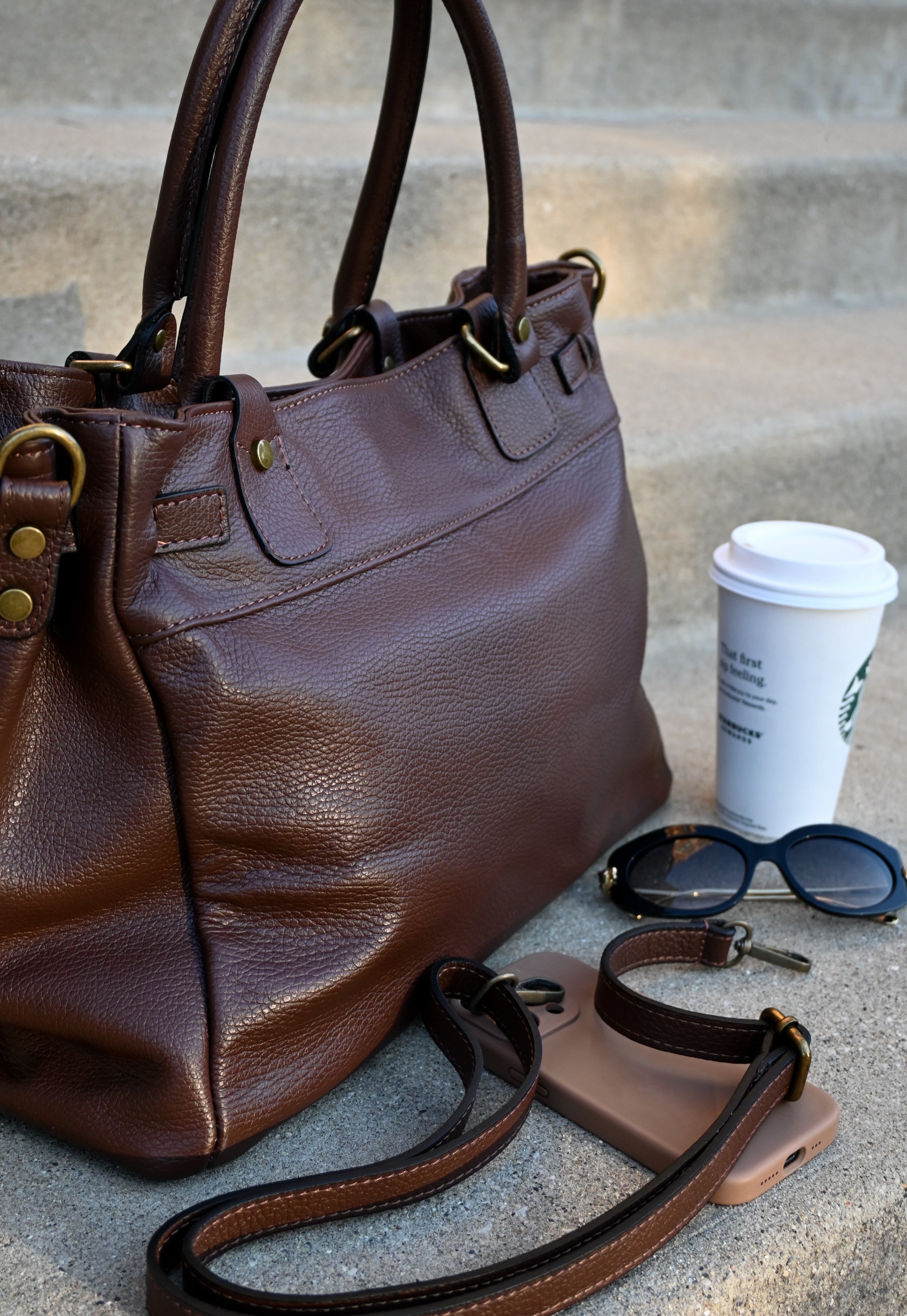 Leather Bag with Top Handle and Long Strap