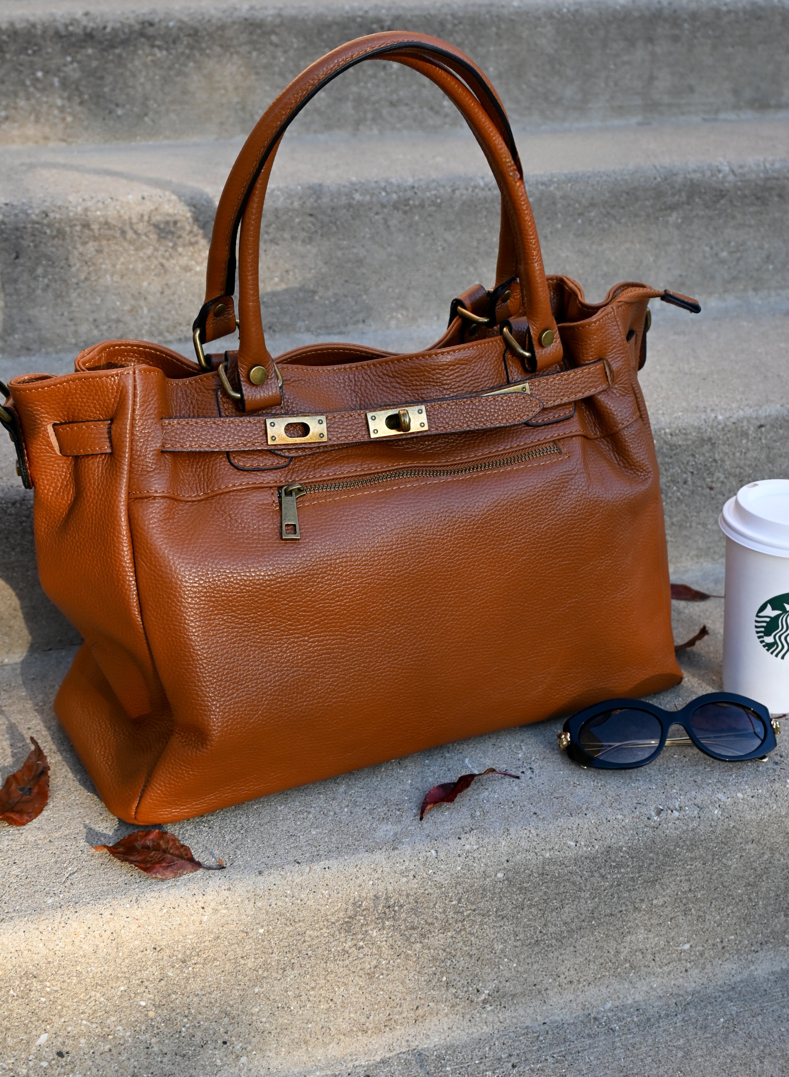 Leather Bag with Top Handle and Long Strap