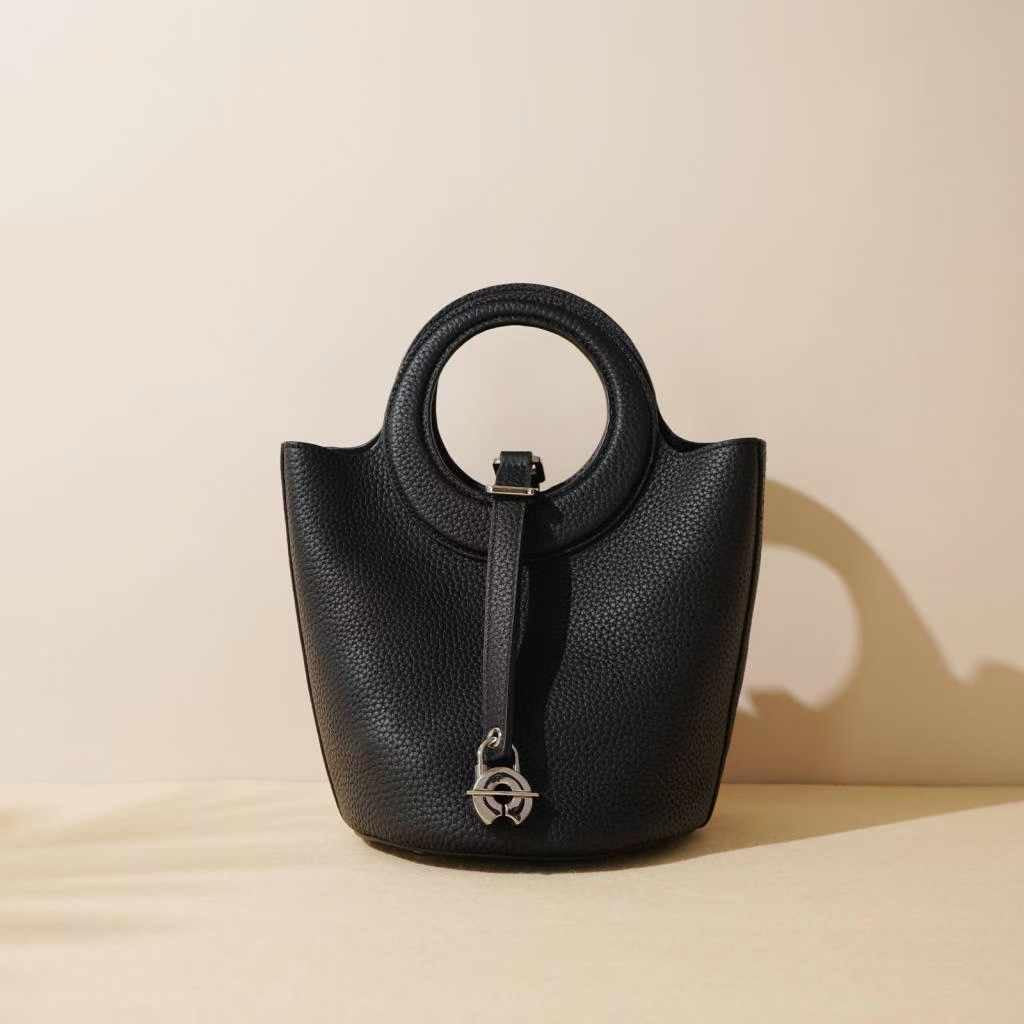 Elegant Duo – Genuine Grained Leather Bag with Cosmetic Pouch and Long Strap