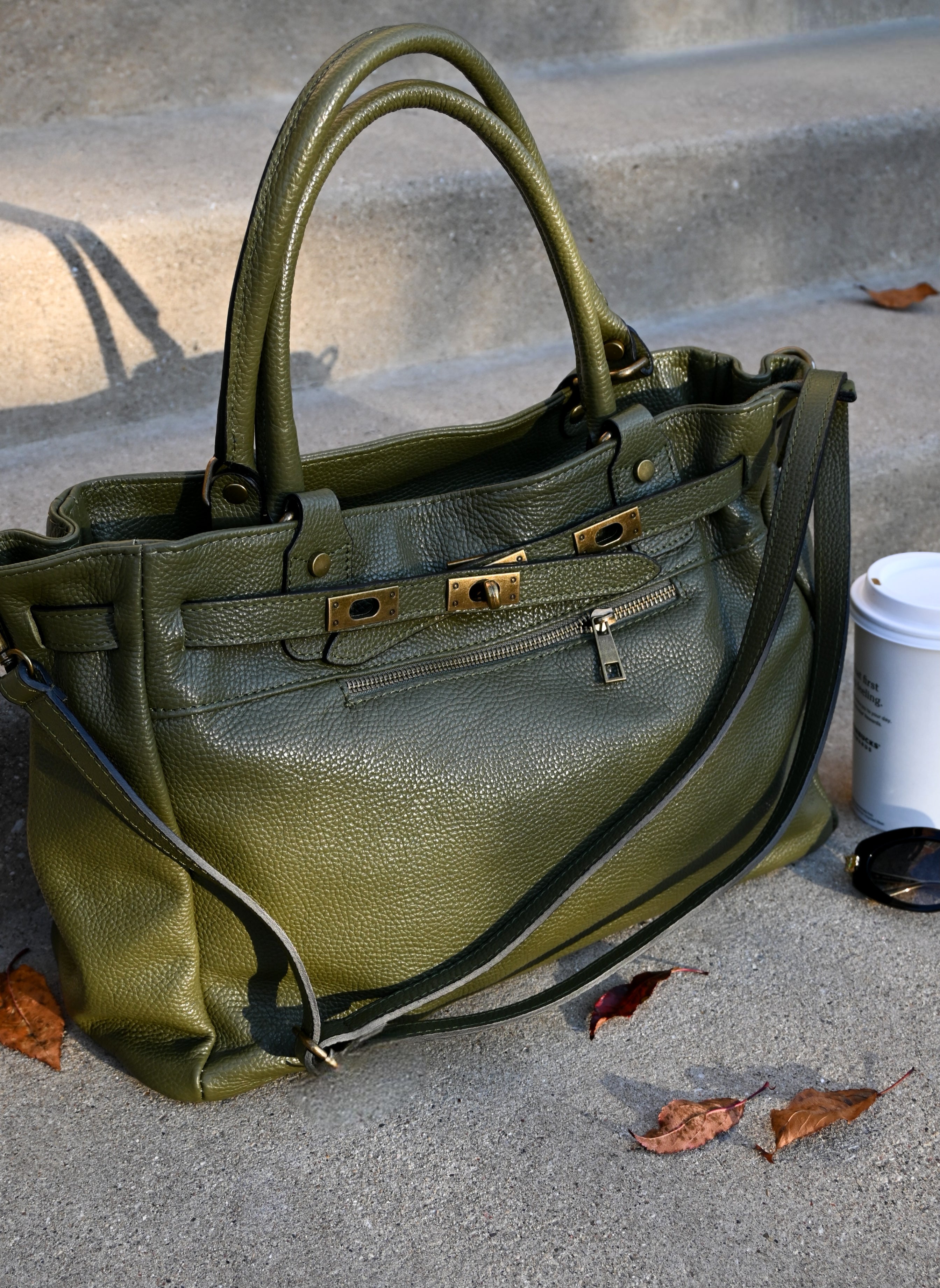 Leather Bag with Top Handle and Long Strap
