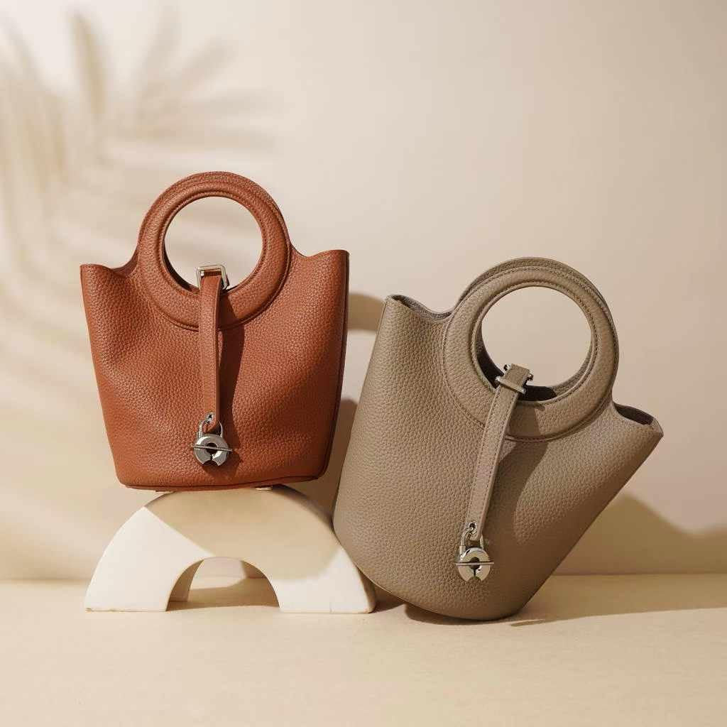 Elegant Duo – Genuine Grained Leather Bag with Cosmetic Pouch and Long Strap