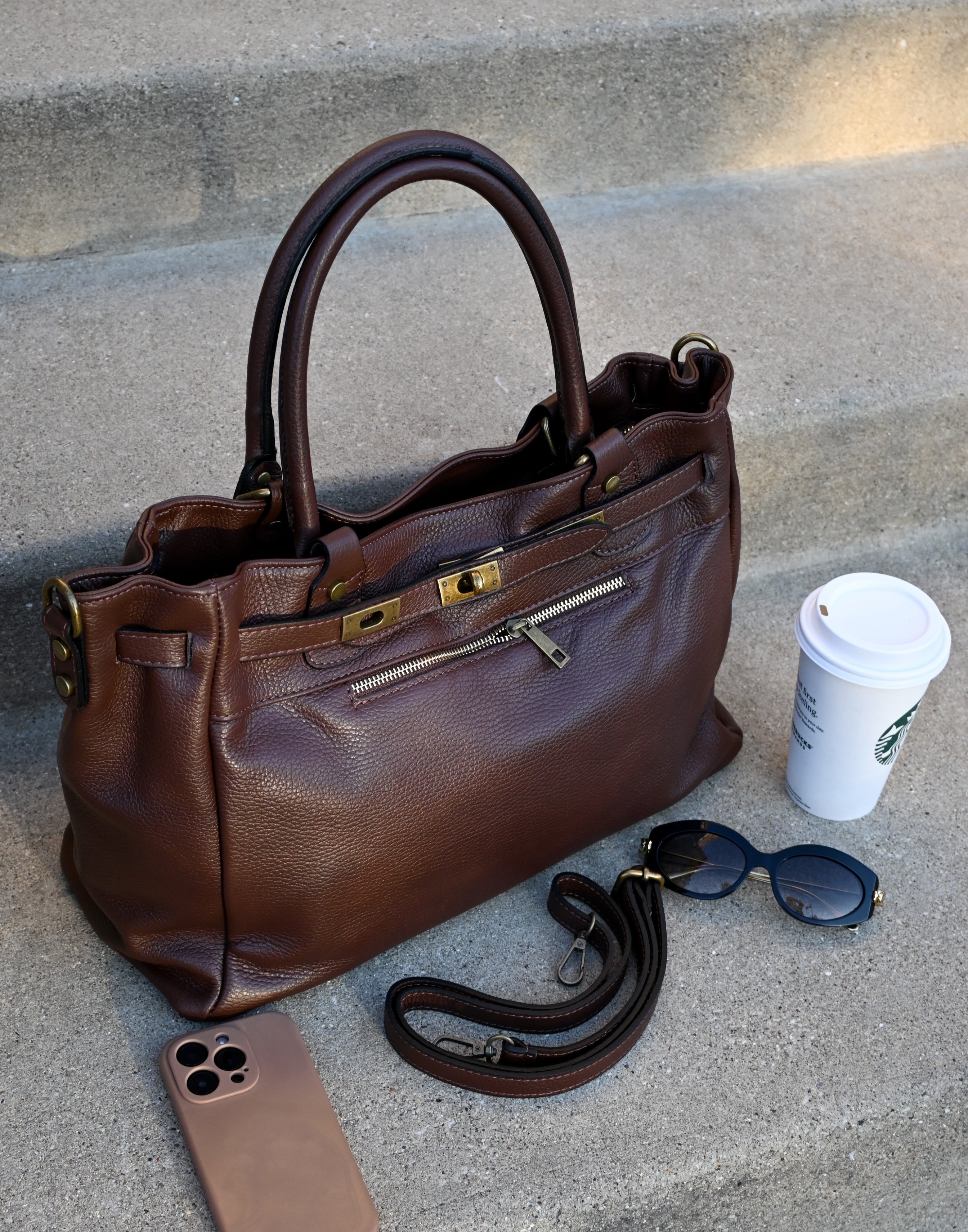 Leather Bag with Top Handle and Long Strap