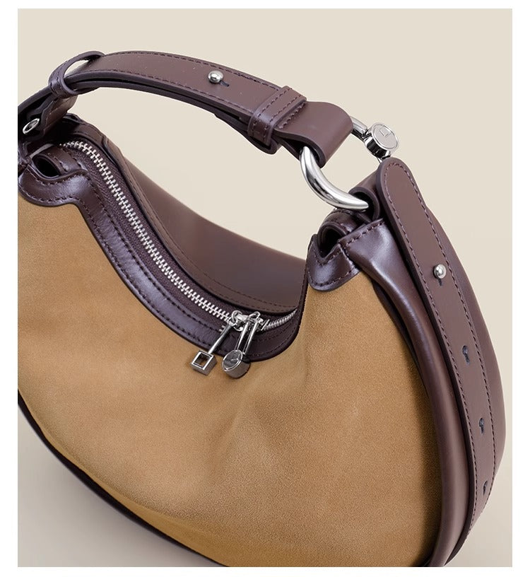 3-in-1 Designer Shoulder Bag – Genuine Leather & Suede | Crescent Crossbody | Adjustable Strap | Minimalist Luxury Handbag
