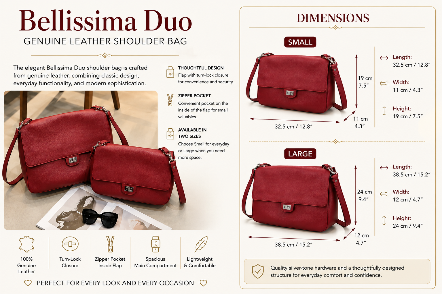 Pre-order. Bellissima Duo — Genuine Leather Shoulder Bag